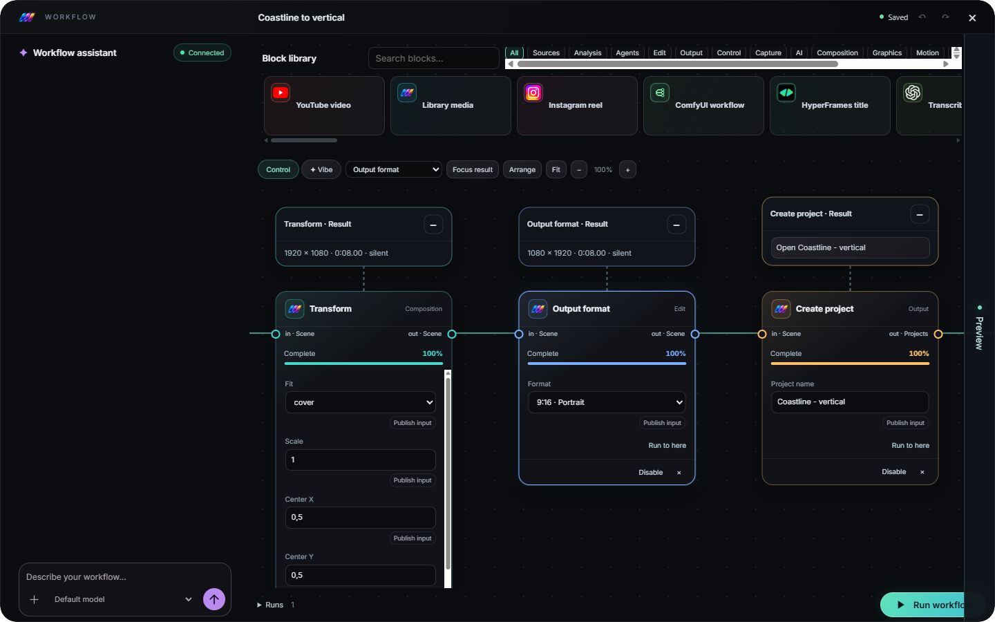 Monsun workflow: Transform, Output format, Create project